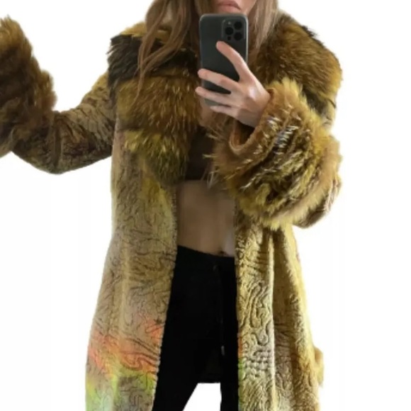 RARE vtg 1970s 100% lamb skin & Racoon Penny Lane Yellow fur coat festival - Picture 3 of 12